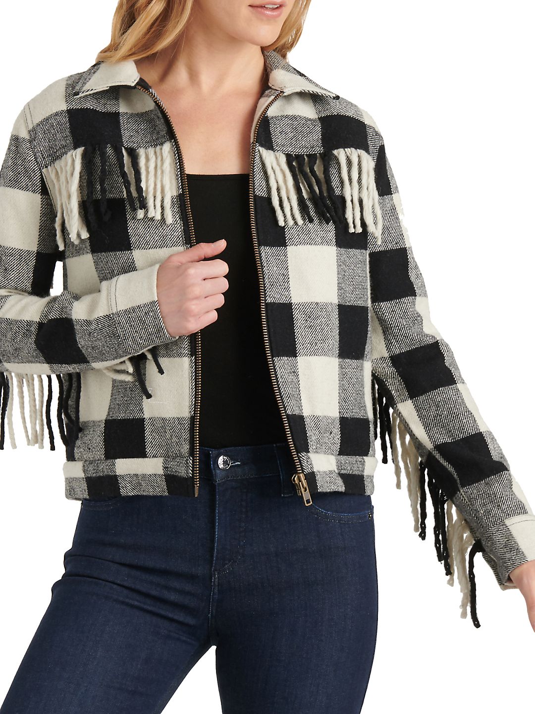 Lucky Brand Women's Buffalo-Plaid Fringe Jacket Black Size XL