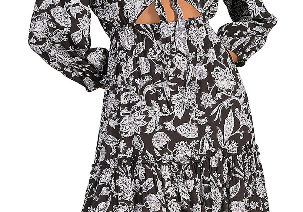 Vestido curto Elan com estampa floral e recortes, preto