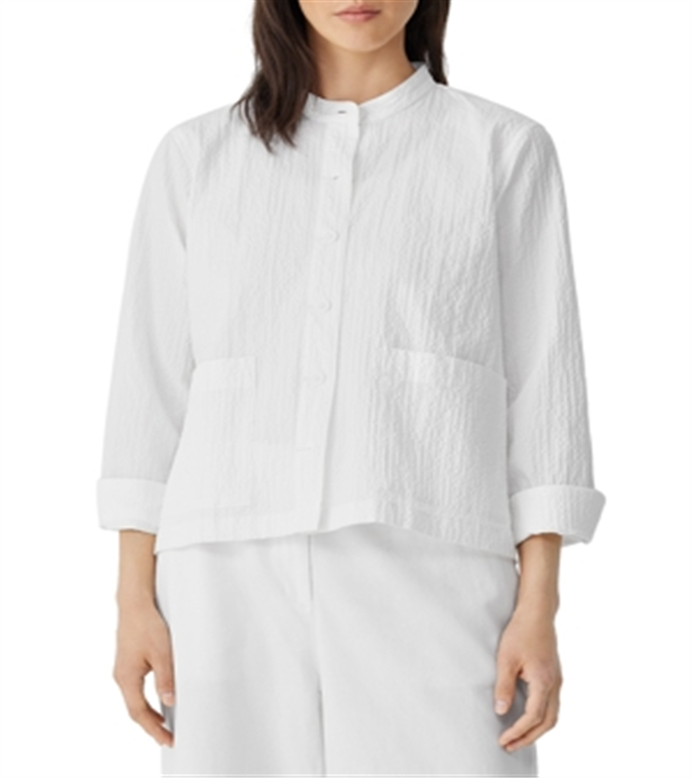 Camisa Eileen Fisher de algodão orgânico com gola mandarim, branca, tamanho P