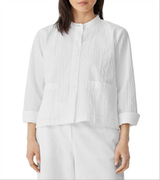 Camisa Eileen Fisher de algodão orgânico com gola mandarim, branca, tamanho P