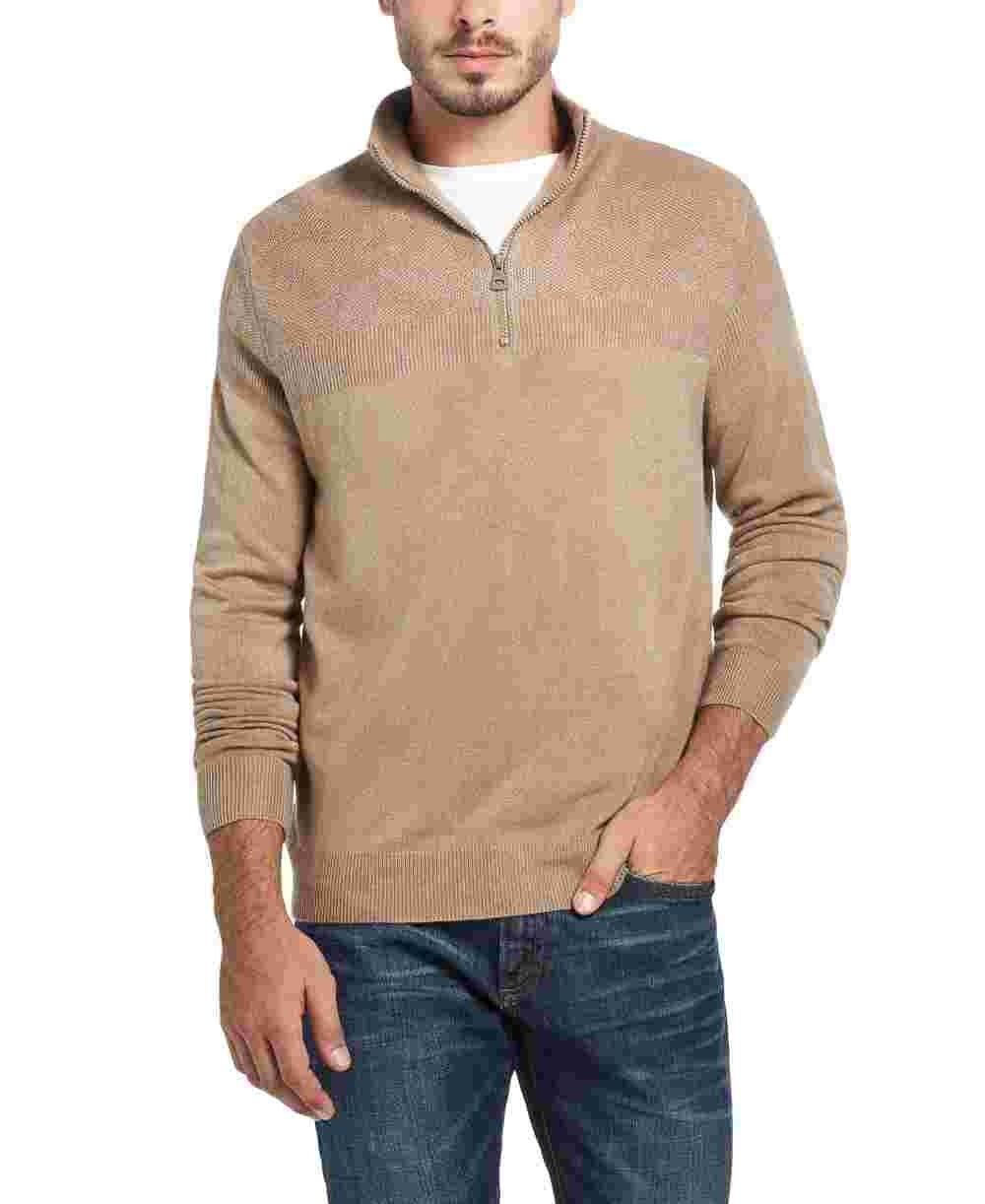 Suéter masculino vintage à prova de intempéries com zíper de um quarto e toque suave, marrom, tamanho médio