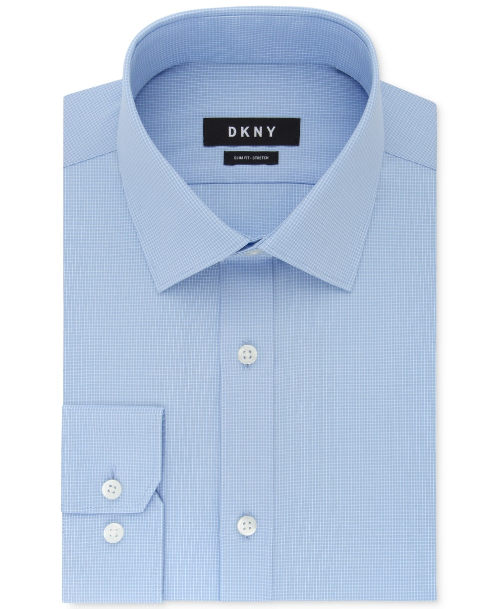 Camisa social masculina DKNY Slim Fit Stretch Mini Xadrez Azul Tamanho 15,5X34-35