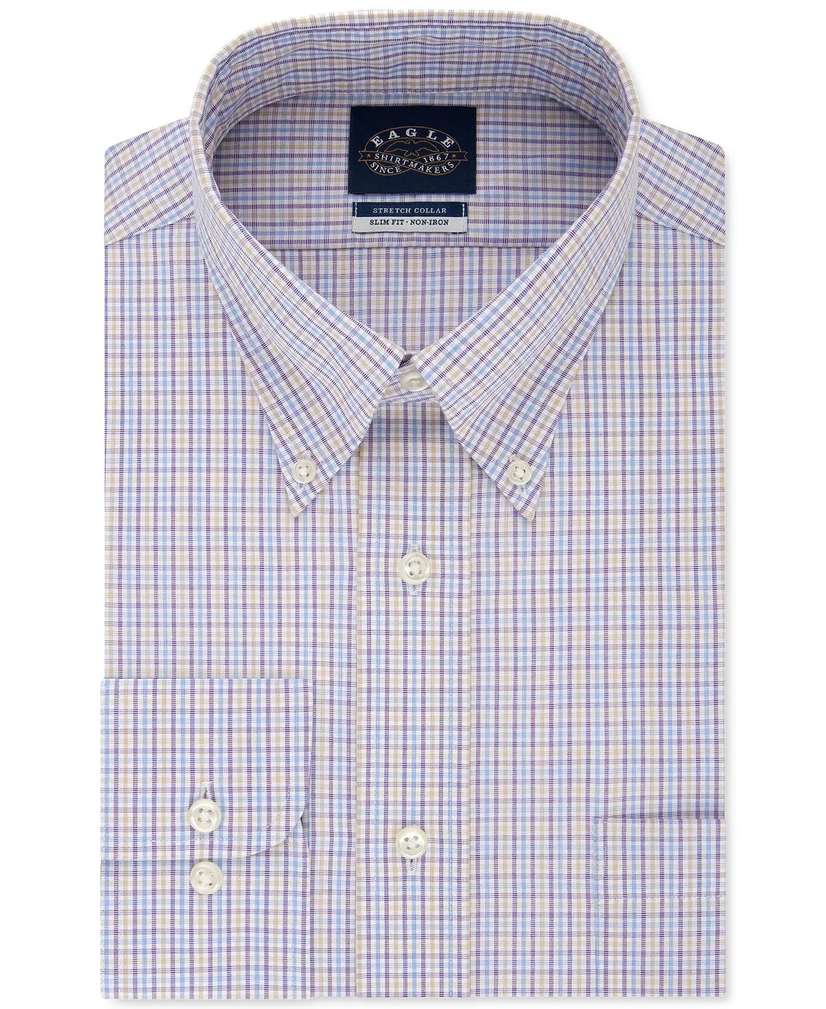 Camisa social masculina Eagle xadrez com gola slim fit, não passável, roxa, tamanho 17,5 x 34 x 35