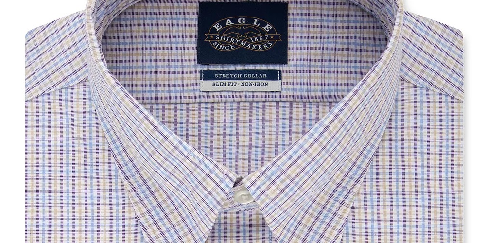 Camisa social masculina Eagle xadrez com gola slim fit, não passável, roxa, tamanho 17,5 x 34 x 35