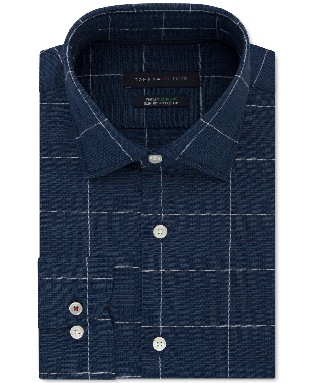 Camisa social masculina Tommy Hilfiger Slim-Fit, sem passar a ferro, Thflex Stretch Windowpane Check, azul brilhante, tamanho 34-35