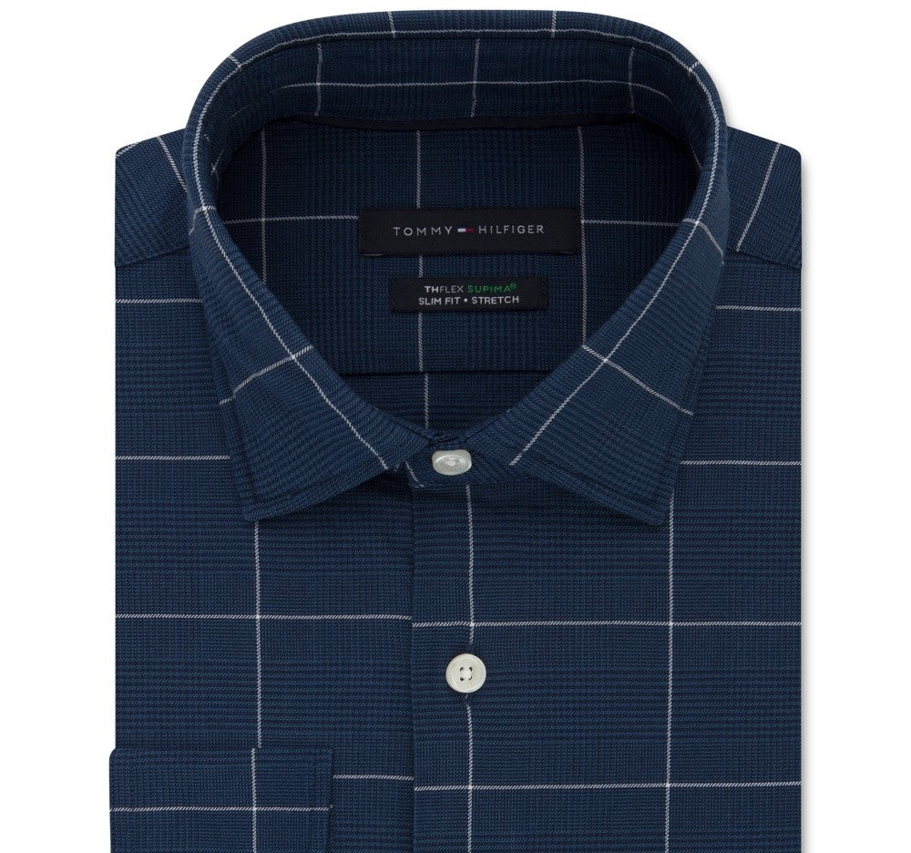 Camisa social masculina Tommy Hilfiger Slim-Fit, sem passar a ferro, Thflex Stretch Windowpane Check, azul brilhante, tamanho 34-35