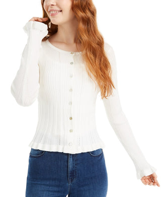 Suéter de malha com babados e botões frontais Ultra Flirt Junior's Pointelle, branco, tamanho pequeno