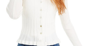 Suéter de malha com babados e botões frontais Ultra Flirt Junior's Pointelle, branco, tamanho pequeno