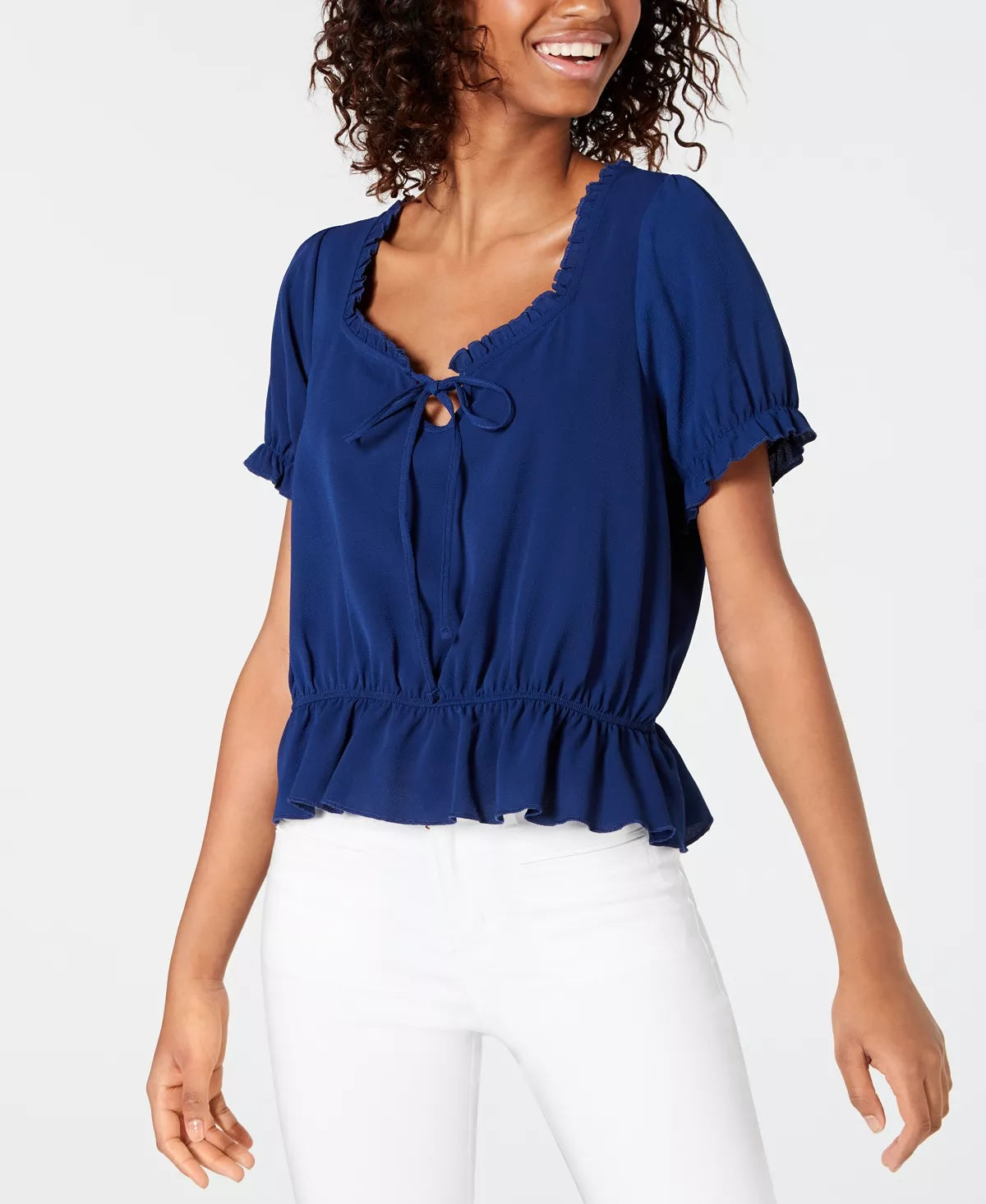 Blusa feminina Ultra Flirt com babados e amarração frontal, manga curta, estilo buraco de fechadura, azul, tamanho pequeno