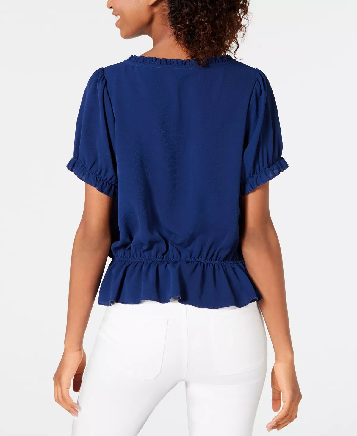 Blusa feminina Ultra Flirt com babados e amarração frontal, manga curta, estilo buraco de fechadura, azul, tamanho pequeno