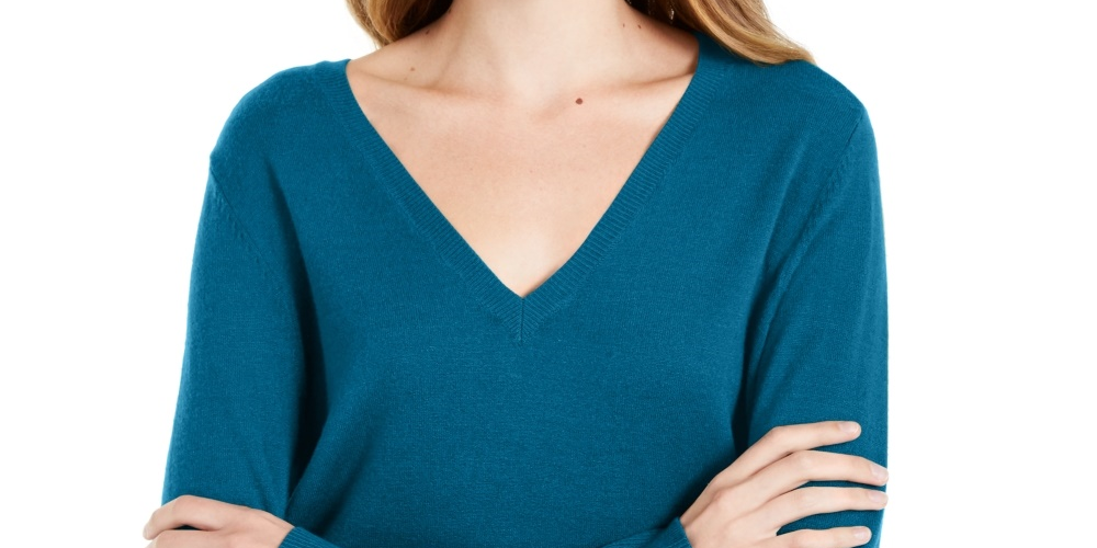 Suéter feminino Maison Jules com decote em V, azul brilhante, tamanho pequeno