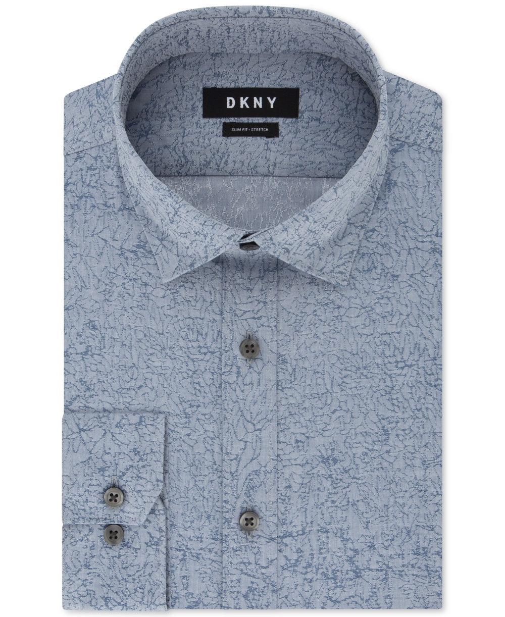Camisa social masculina DKNY Slim Fit Stretch Kaihara com estampa botânica, azul holandês, tamanho 15x32x33