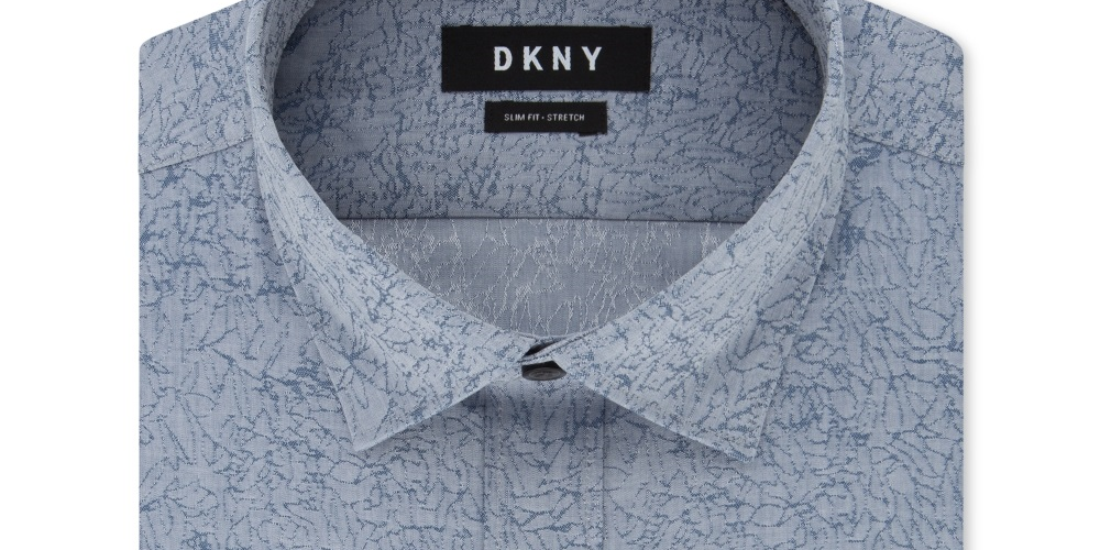 Camisa social masculina DKNY Slim Fit Stretch Kaihara com estampa botânica, azul holandês, tamanho 15x32x33
