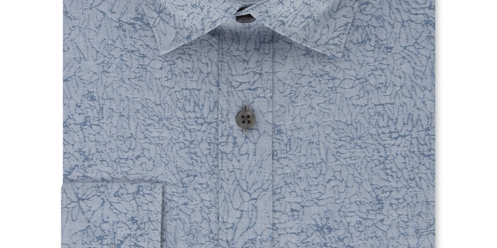 Camisa social masculina DKNY Slim Fit Stretch Kaihara com estampa botânica, azul holandês, tamanho 15x32x33