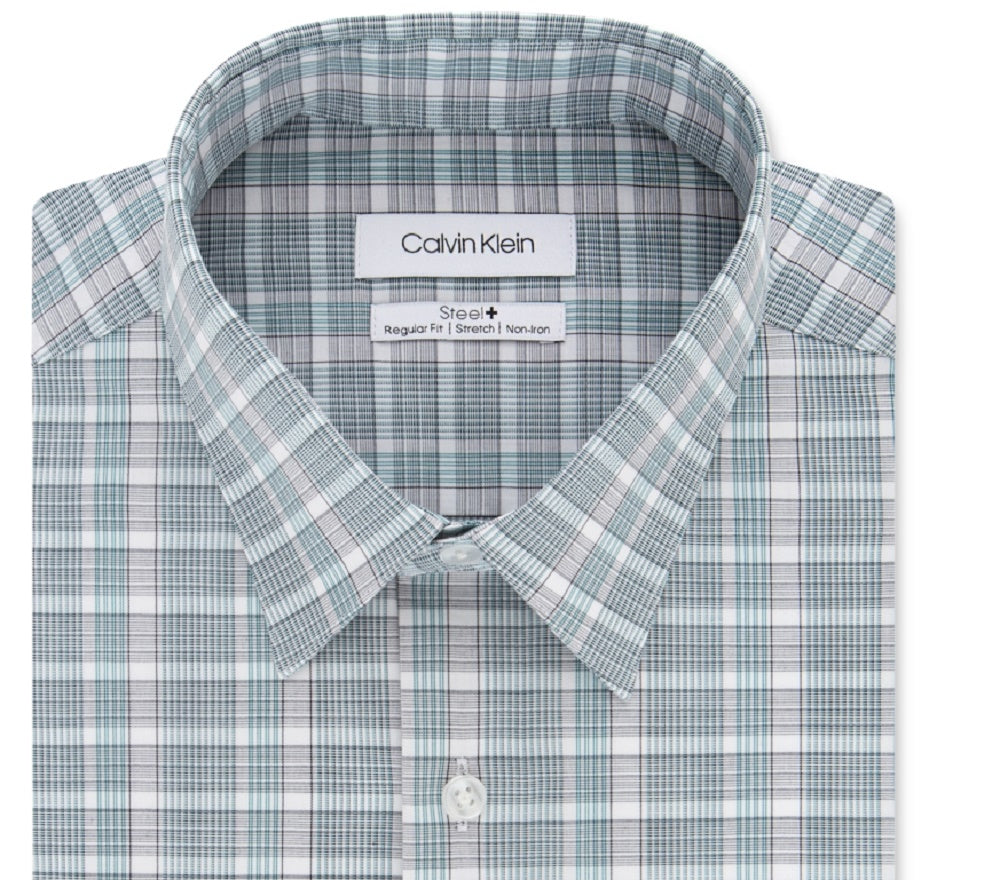 Camisa social Calvin Klein masculina xadrez verde, gola clássica, ajuste clássico, absorve umidade, tamanho 17,5-36/37