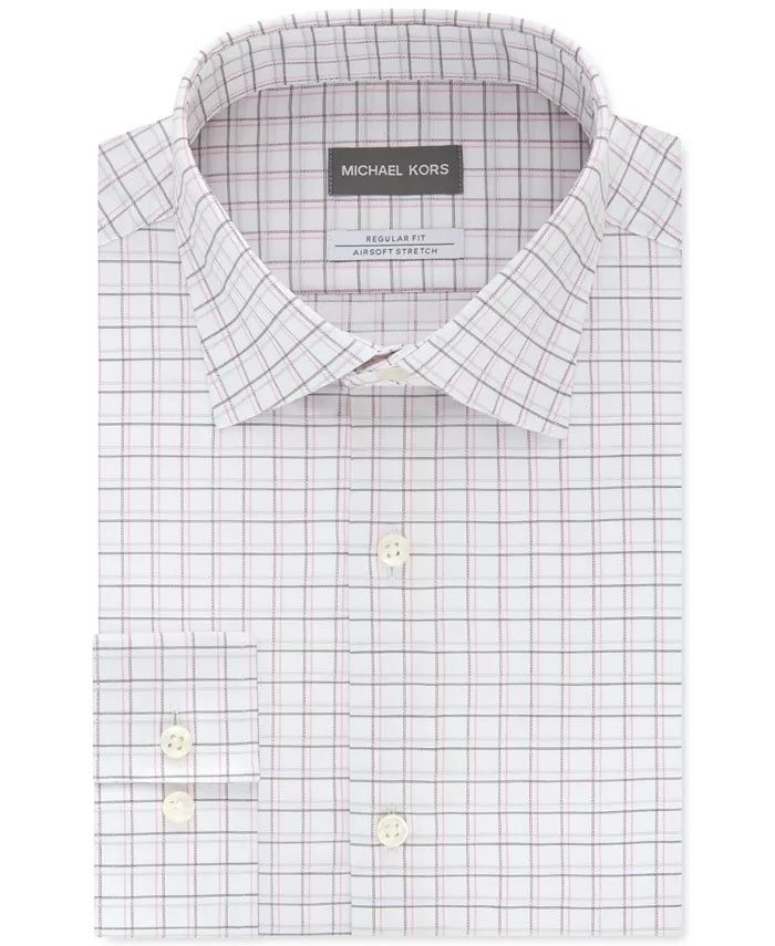 Camisa social masculina Michael Kors Plaid Colla Classic Fit Stretch, branca/cinza, tamanho 15,5 x 32-33