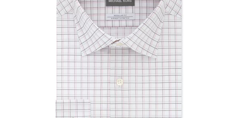 Camisa social masculina Michael Kors Plaid Colla Classic Fit Stretch, branca/cinza, tamanho 15,5 x 32-33