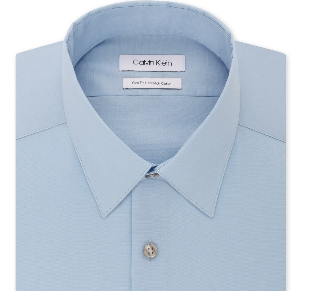 Camisa social masculina Calvin Klein Slim Fit com gola flexível elástica, azul, tamanho 16,5 x 32-33
