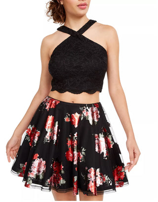 Vestido infantil City Studios com 2 peças, renda brilhante e estampa floral, vermelho, tamanho 0