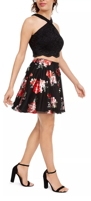 Vestido infantil City Studios com 2 peças, renda brilhante e estampa floral, vermelho, tamanho 0