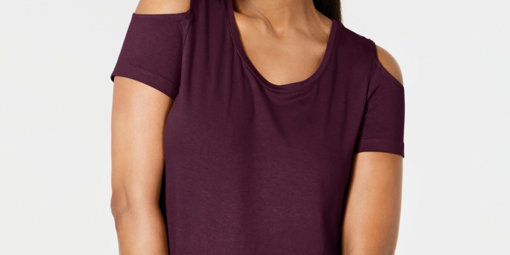 Camiseta feminina estilo ombro caído JM Collection vinho tamanho extragrande