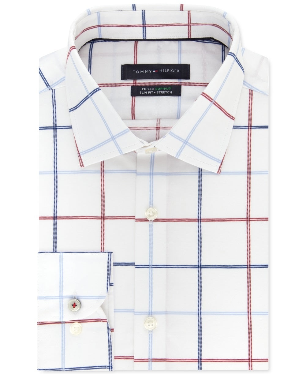 Camisa social xadrez slim fit masculina Tommy Hilfiger, branca, tamanho 16,5 x 32-33