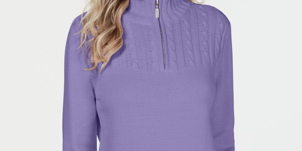 Karen Scott Suéter Feminino de Algodão com Zíper e Gola Alta Roxo Tamanho XS