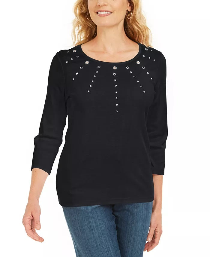 Karen Scott Top Feminino Petite Algodão com Ilhós e Ferragens Preto Tamanho Petite S