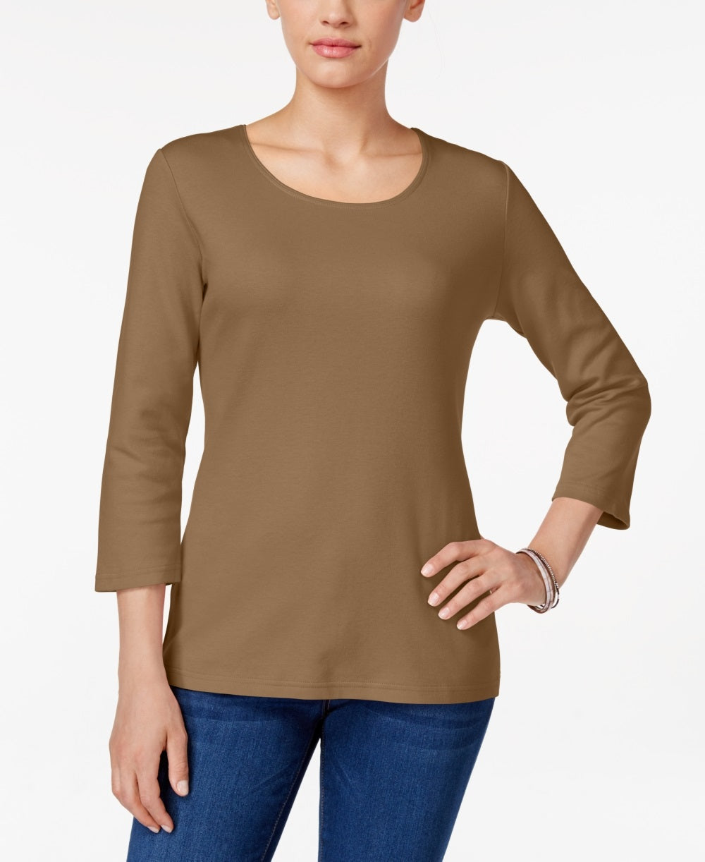 Blusa feminina Karen Scott de algodão com decote redondo, marrom, tamanho P