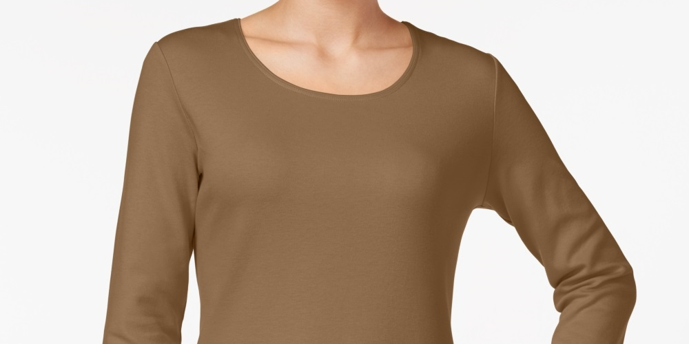 Blusa feminina Karen Scott de algodão com decote redondo, marrom, tamanho P