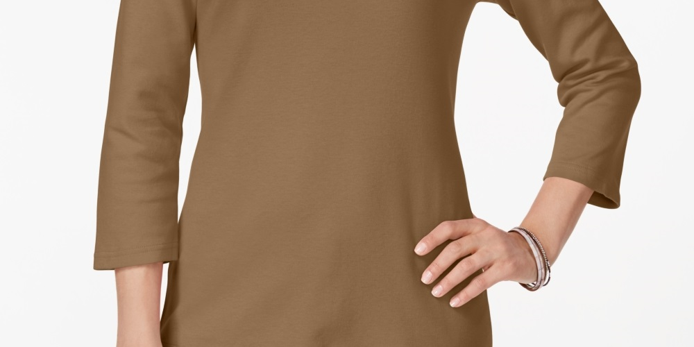 Blusa feminina Karen Scott de algodão com decote redondo, marrom, tamanho P
