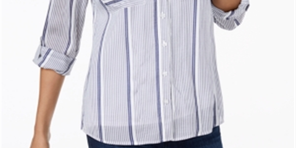 Blusa feminina listrada de manga comprida com gola e botões INC, azul, tamanho médio