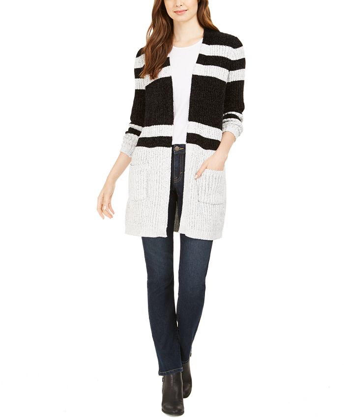 Cardigan feminino listrado de chenille com frente aberta, preto, tamanho M