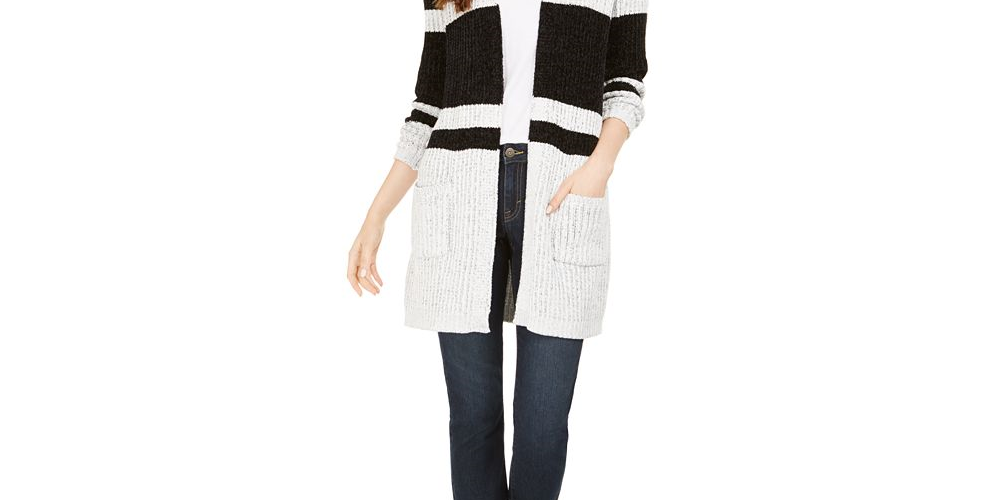 Cardigan feminino listrado de chenille com frente aberta, preto, tamanho M