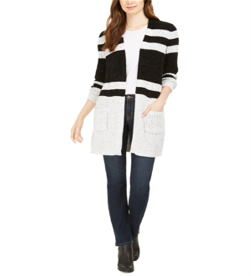 Cardigan feminino listrado de chenille com frente aberta, preto, tamanho M