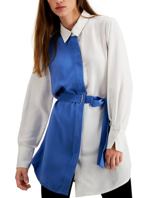 Blusa feminina Alfani com botões e manga comprida e bloco de cores, azul, tamanho X-G