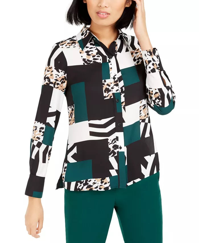 Blusa feminina estampada Bar III com botões, verde, tamanho XXX-S