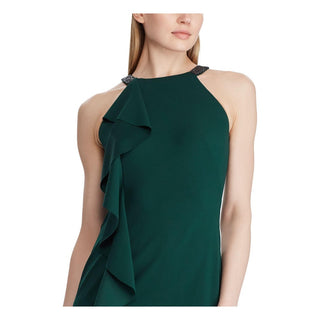 Vestido de festa longo com decote halter e mangas compridas, verde, Ralph Lauren, tamanho 18, para mulheres