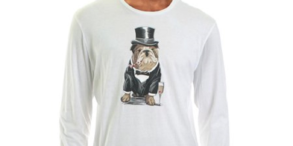 Camiseta masculina com estampa de buldogue e gola redonda, tamanho grande, branca, Club Room