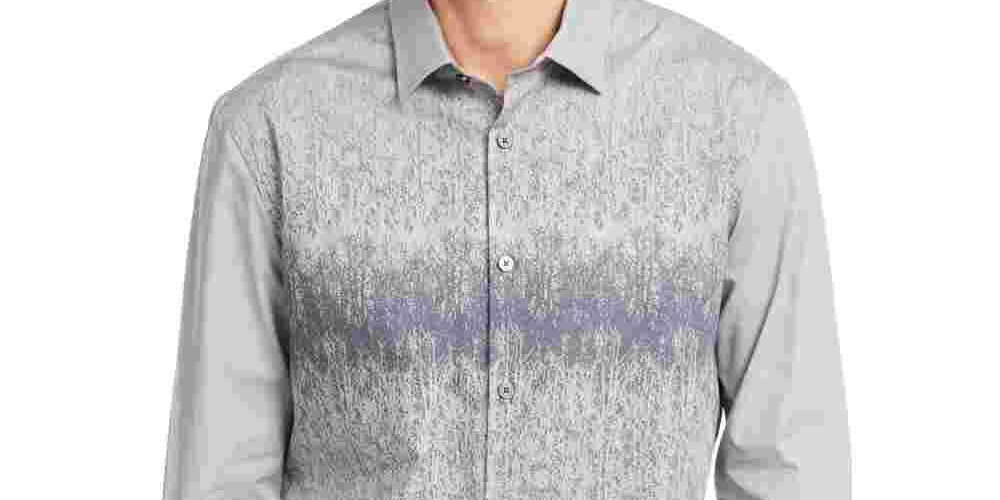 Camisa masculina Alfani com botões, pequena, galho de árvore, corte clássico, cinza, tamanho pequeno