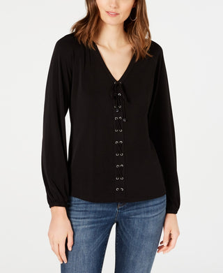 INC International Concepts Women's Lace-Up Top Black Size Small