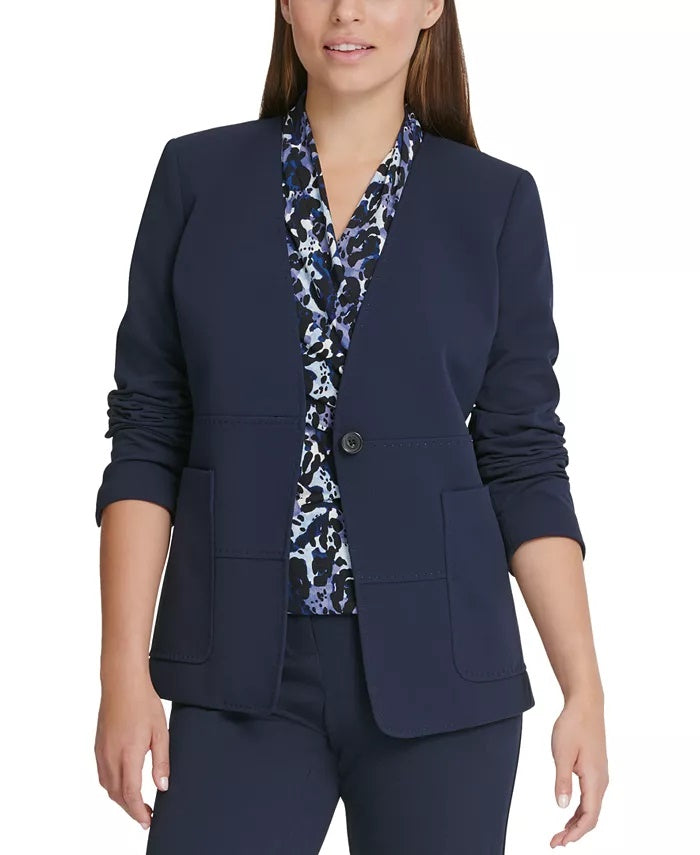 Blazer feminino DKNY sem gola e um botão, azul, tamanho 14