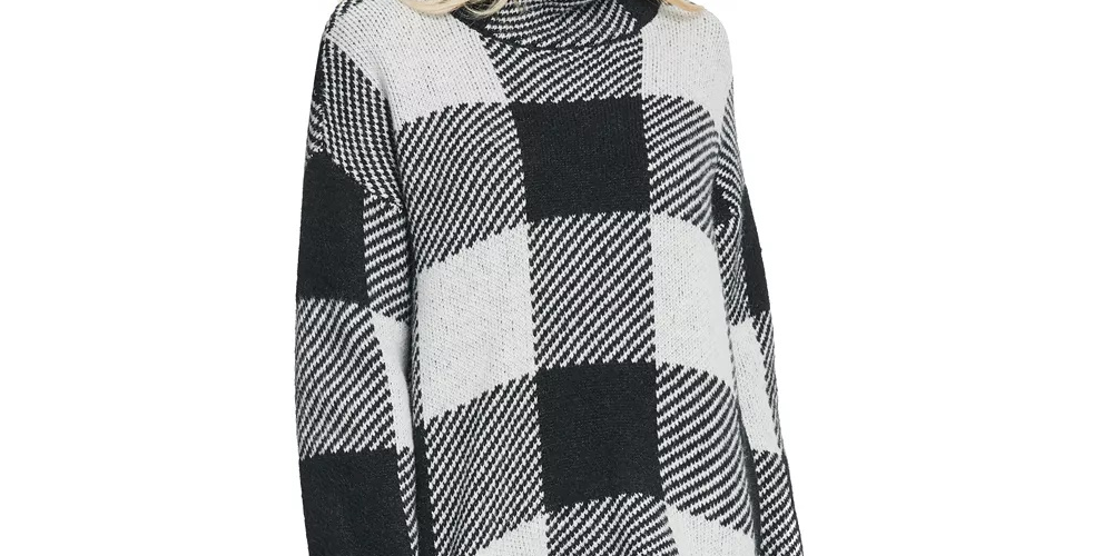 Suéter feminino DKNY xadrez branco, manga comprida, gola alta, tamanho médio