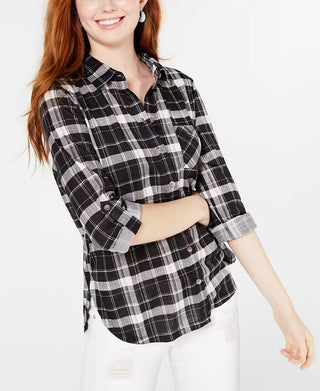 Camisa xadrez com aba dobrada Polly &amp; Esther Juniors - Preto/Branco Tamanho Médio