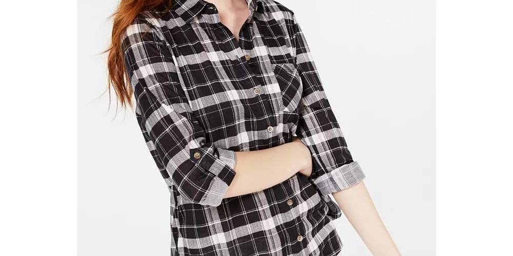 Camisa xadrez com aba dobrada Polly &amp; Esther Juniors - Preto/Branco Tamanho Médio