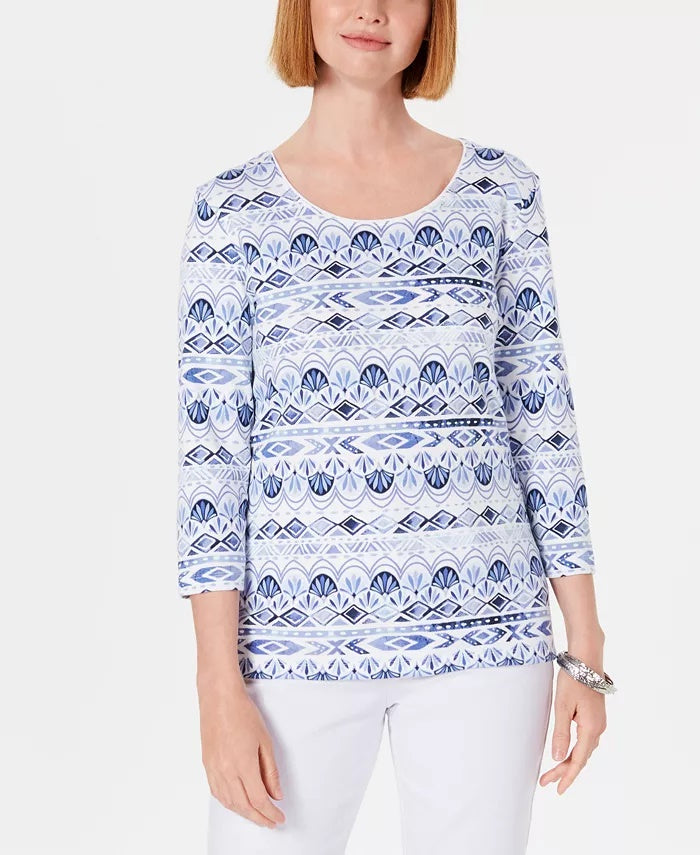 Karen Scott Blusa Feminina Petite Ikat Estampada Azul Tamanho PL