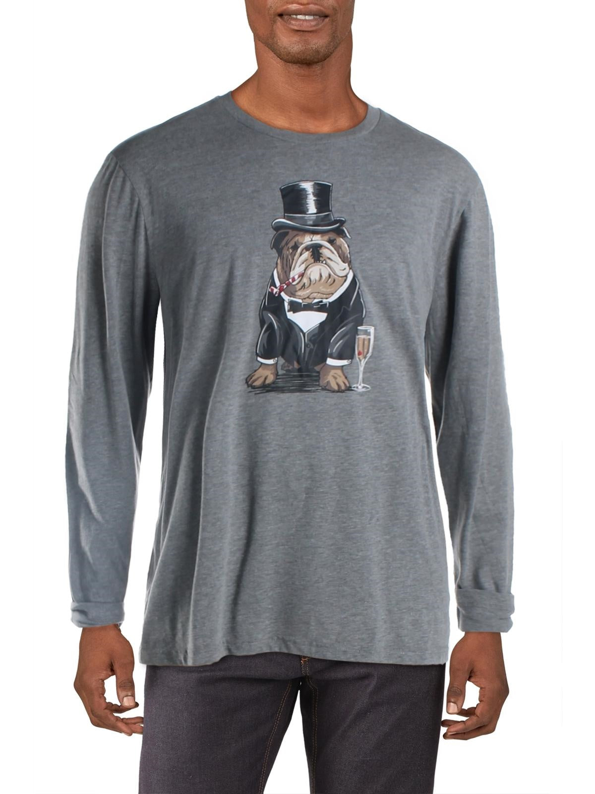 Camiseta masculina com estampa Bulldog Tuxedo e gola redonda, cinza, tamanho médio
