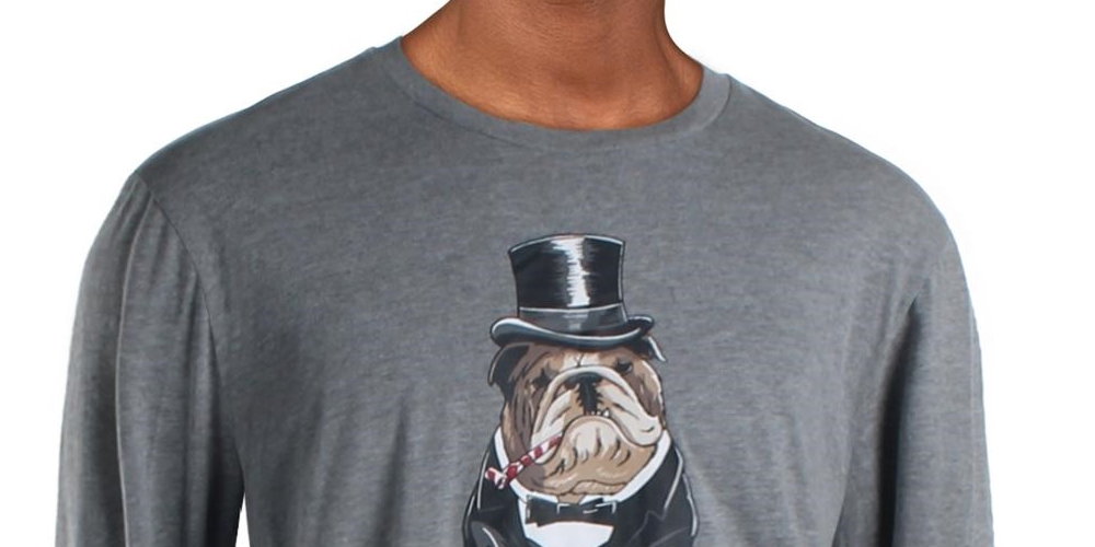 Camiseta masculina com estampa Bulldog Tuxedo e gola redonda, cinza, tamanho médio