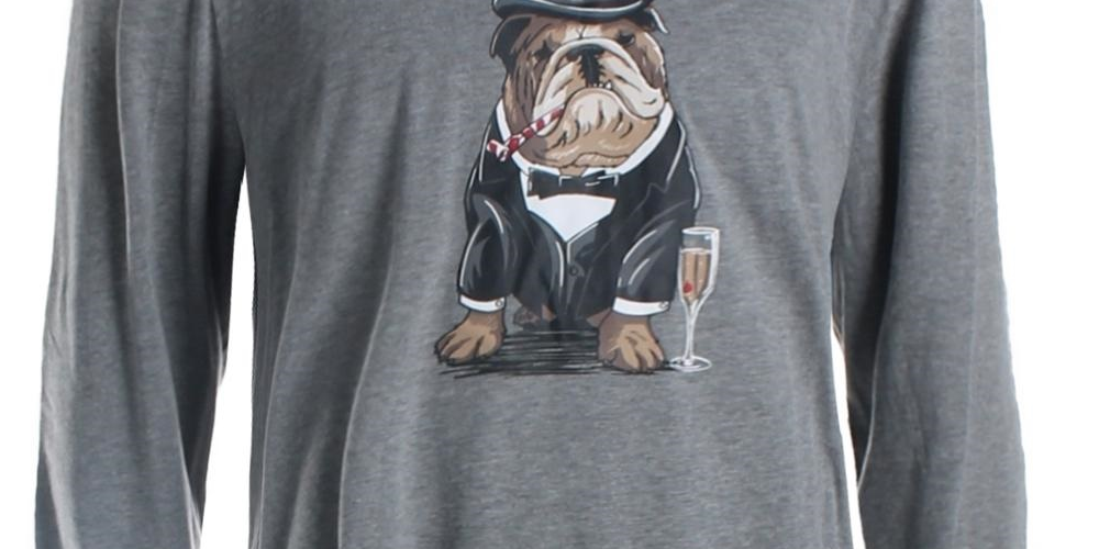Camiseta masculina com estampa Bulldog Tuxedo e gola redonda, cinza, tamanho médio