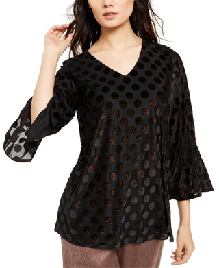 Alfani Women's Metallic Dot Bell-Sleeve Top Black Size Large